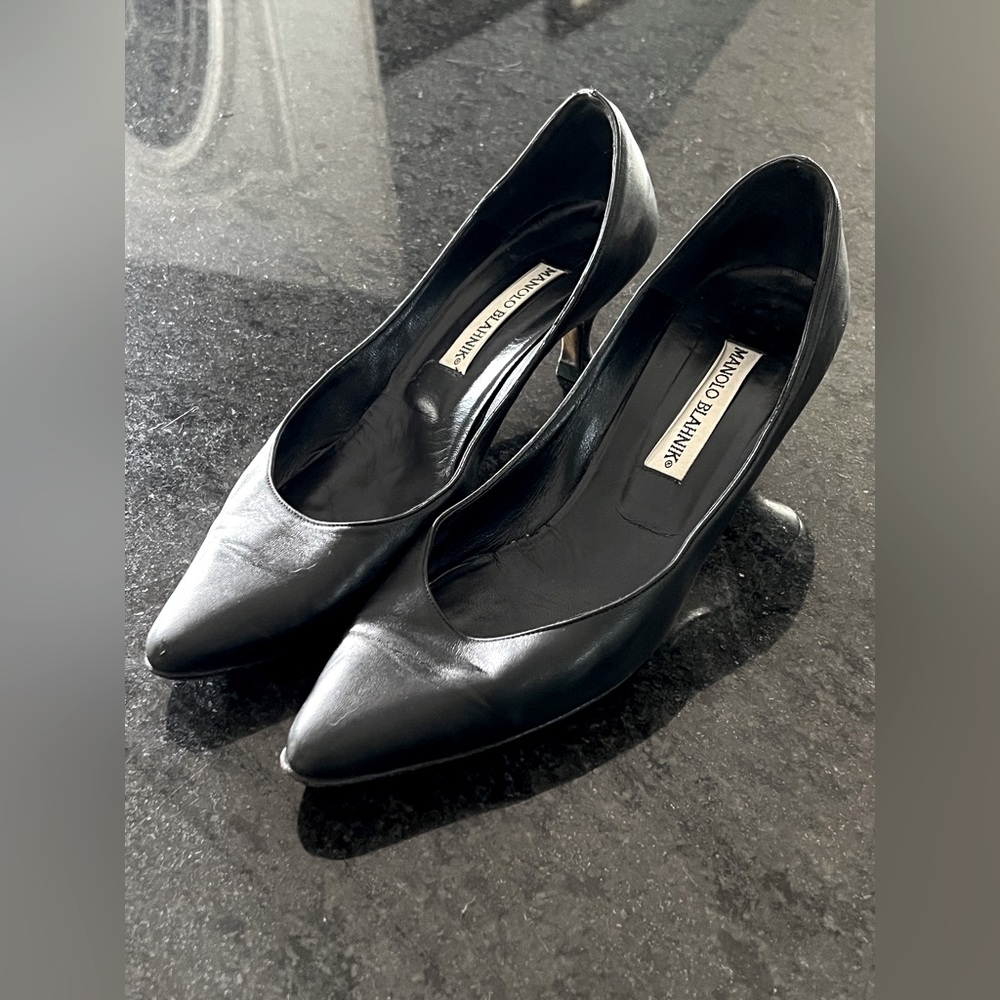 Black Leather Manolo Blahnik, 1” Heel, Size 38.5 (7.5 US). Gently used & loved!
